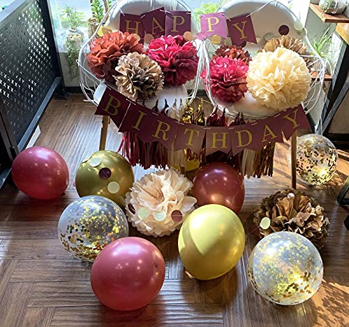 Burgundy Gold Birthday Party Decorations for Women/Fall Birthday Decor Happy Birthday Banner Maroon Gold Balloons Women Burgundy 30th/40th/50th Birthday Party Decorations