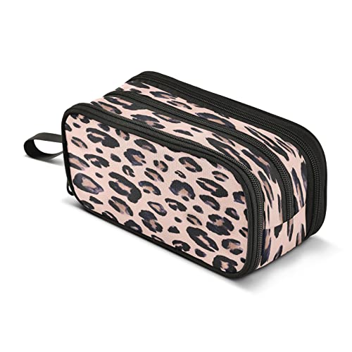 Big Capacity Pencil Case Leopard Print Cheetah Pink 3 Compartment Pen Bag Pouch Holder Box for Office College School Portable Storage Bag for Kids