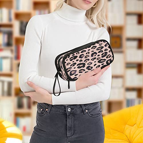 Big Capacity Pencil Case Leopard Print Cheetah Pink 3 Compartment Pen Bag Pouch Holder Box for Office College School Portable Storage Bag for Kids
