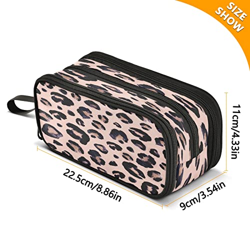 Big Capacity Pencil Case Leopard Print Cheetah Pink 3 Compartment Pen Bag Pouch Holder Box for Office College School Portable Storage Bag for Kids