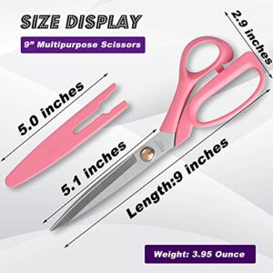 ATO-DJCX Fabric Sewing Scissors All Purpose Tailor Scissors Heavy Duty, 9" Stainless Steel Ultra Sharp Blade Scissors for Office Craft,Comfort-Grip Handles,with Protective Cover Pink