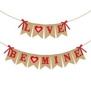 love be mine banner with red pink heart – no diy – valentine’s day decorations – rustic farmhouse valentine’s day faux burlap banner | be mine bunting garland for home mantle | valentines photo props