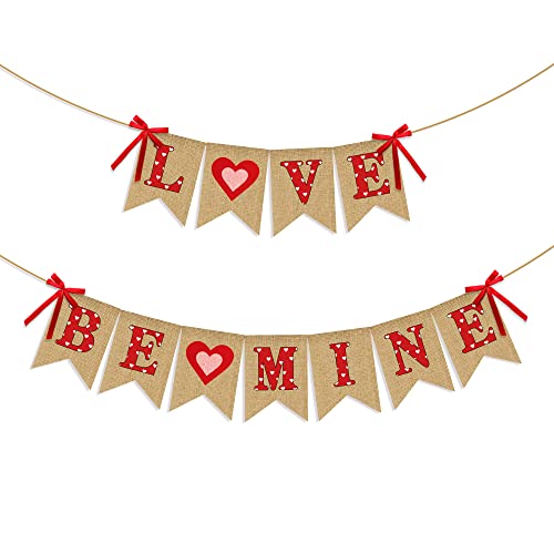 Love Be Mine Banner with Red Pink Heart - NO DIY - Valentine's Day Decorations - Rustic Farmhouse Valentine's Day Faux Burlap Banner | Be Mine Bunting Garland for Home Mantle | Valentines Photo Props