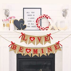 Love Be Mine Banner with Red Pink Heart - NO DIY - Valentine's Day Decorations - Rustic Farmhouse Valentine's Day Faux Burlap Banner | Be Mine Bunting Garland for Home Mantle | Valentines Photo Props