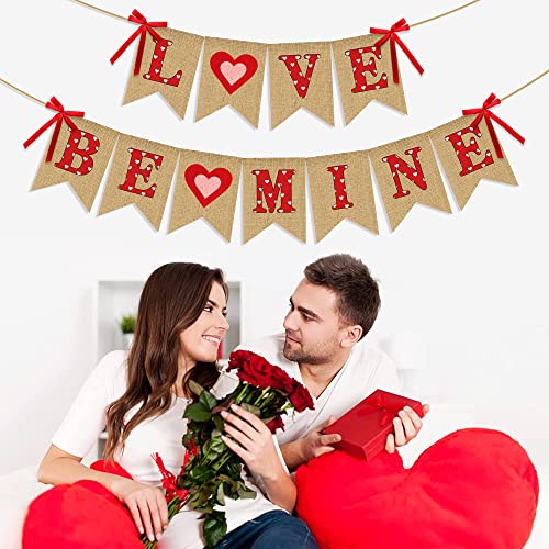 Love Be Mine Banner with Red Pink Heart - NO DIY - Valentine's Day Decorations - Rustic Farmhouse Valentine's Day Faux Burlap Banner | Be Mine Bunting Garland for Home Mantle | Valentines Photo Props