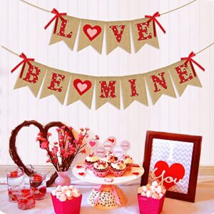 Love Be Mine Banner with Red Pink Heart - NO DIY - Valentine's Day Decorations - Rustic Farmhouse Valentine's Day Faux Burlap Banner | Be Mine Bunting Garland for Home Mantle | Valentines Photo Props