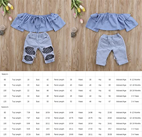 LXXIASHI 2Pcs Infant Baby Girl Denim Pants Outfits Set Ruffle Sleeves Off Shoulder Crop Tops + Fishnet Patchwork Ripped Jeans (Blue, 3-4 Years)