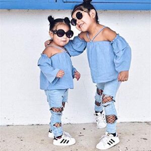 LXXIASHI 2Pcs Infant Baby Girl Denim Pants Outfits Set Ruffle Sleeves Off Shoulder Crop Tops + Fishnet Patchwork Ripped Jeans (Blue, 3-4 Years)