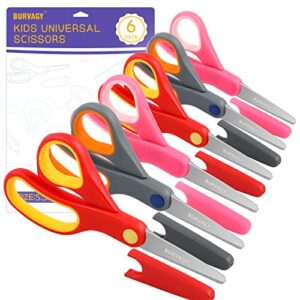 burvagy 5.5″ small school student blunt kids craft scissors, sharp stainless steel blades safety comfort grip for children cutting paper, assorted color, 6 pack