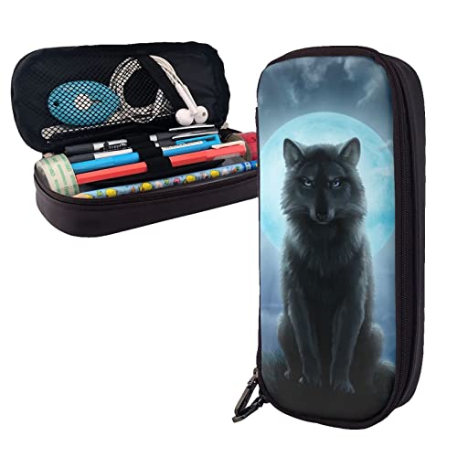 Funny Faux Leather Pencil Pouch Pen Case,Cool Wolf Moon Waterproof Pencil Box Bag Large Capacity Pencil Organizer Marker Pen Case with Zipper for Teen Boys Girls