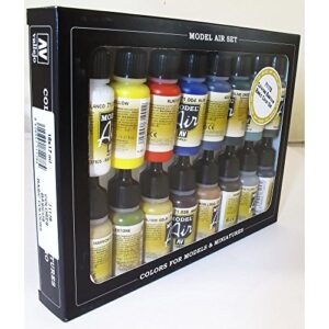vallejo basic colors: acrylic 16 airbrush paint set for model & hobby 71178