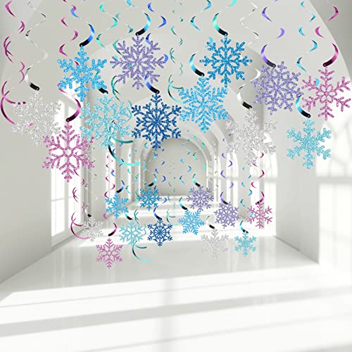 30 Pieces Snowflake Hanging Swirls Decorations, Christmas Ceiling Decor Purple Blue White Snowflakes for Winter Holiday Wonderland New Year Birthday Party Favors Baby Shower Supplies (Colorful)