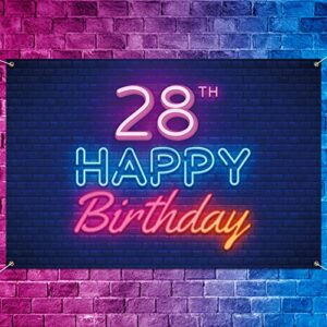 glow neon happy 28th birthday backdrop banner decor black – colorful glowing 28 years old birthday party theme decorations for men women supplies