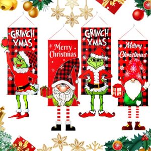 christmas decorations-hanging xmas ornaments,buffalo plaid christmas door decorations 4pcs,xmas banner flag sign for porch window wall mantle party yard,45x18in