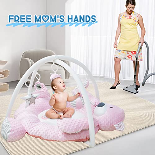 6-in-1 Baby Gym Play Mat, Detachable Plush Play Gym and Play Mat for Sensory and Motor Skill Development Language Discovery, Thicker Non-Slip Baby Activity Gym, Babies to Toddlers as Gift (Pink)