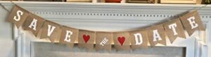 save the date burlap banner – engagement picture prop wedding announcement – ready to hang bridal shower decoration – white letters & red hearts garland by jolly jon