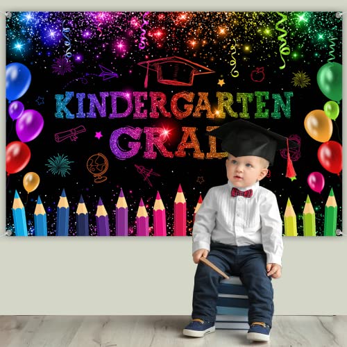 Kindergarten Graduation Decoration-Kindergarten Graduation Backdrop Class of 2023 Last Day of School Background Banner Preschool Elementary Celebration Graduation Party Supplies (Black)