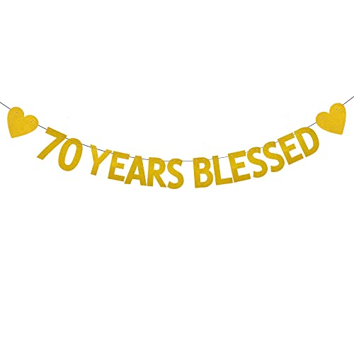 XIAOLUOLY Gold 70 YEARS BLESSED Glitter Banner,Pre-Strung,70th Birthday / Wedding Anniversary Party Decorations Bunting Sign Backdrops,70 YEARS BLESSED