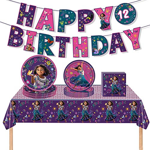 42Pcs Encant Party Supplies Table Cover Tablecloth/Birthday Banner/10Pcs 7inch Plates/10Pcs 9inch Plates/20Pcs Napkin Magic House Party Decoration