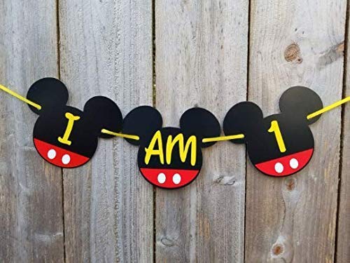 Mickey Mouse First Birthday Banners - NB to 12 Month Photo Banner with I am One High Chair Banner - First Birthday Decorations - Mickey Mouse Party Supplies - Picture Frame Banners - Clubhouse Decoration for 1st or 12th Birthday