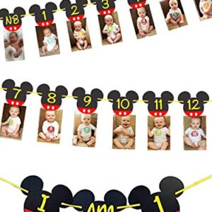 Mickey Mouse First Birthday Banners - NB to 12 Month Photo Banner with I am One High Chair Banner - First Birthday Decorations - Mickey Mouse Party Supplies - Picture Frame Banners - Clubhouse Decoration for 1st or 12th Birthday