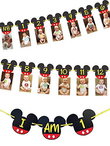 Mickey Mouse First Birthday Banners - NB to 12 Month Photo Banner with I am One High Chair Banner - First Birthday Decorations - Mickey Mouse Party Supplies - Picture Frame Banners - Clubhouse Decoration for 1st or 12th Birthday