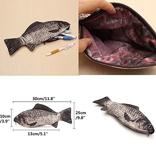 ROORUER Pencil Case,Back to SchoolPencil Pouch Pen Bag, Carp Pen Bag Realistic Fish Shape Make-up Pouch with Zipper (Black)