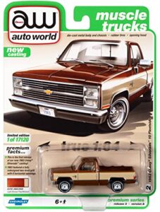 auto world 1983 chevy silverado 10 fleetside pickup truck light bronze met. w/almond brown sides ltd ed 17120 pcs 1/64 diecast model by autoworld 64322-awsp074 a (awsp074/24a)