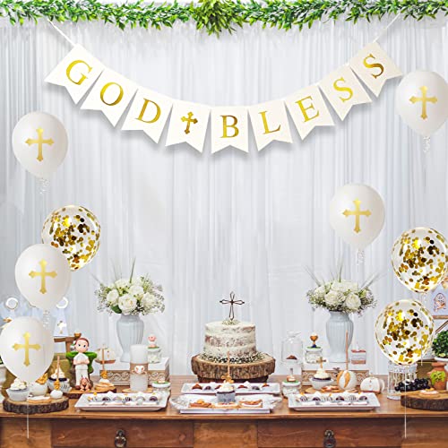 CHRORINE God Bless Banner Kit Baptism Decorations for Boys Girls, First Communion Banner Kit First Communion Confirmation Decorations