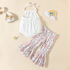 YOKJZJD Infant Baby Girl Easter Outfit Knitted Sleeveless Romper T-Shirt Tops Bunny Bell Bottom Pants Set Summer Clothes (White, 6-12 Months)