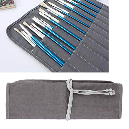 GLOGLOW Canvas Paintbrush Wrap Roll Up Case Holder, Gray Canvas Paintbrush Holder Paint Pen Roll Up Bag Case Travel Drawing Paintbrush Roll Organizer (Brushes NOT Included)