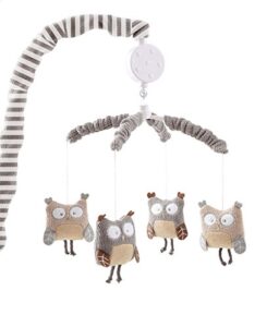 levtex baby – night owl musical rotating baby crib mobile – fun knit owls – grey, tan and cream – nursery accessories