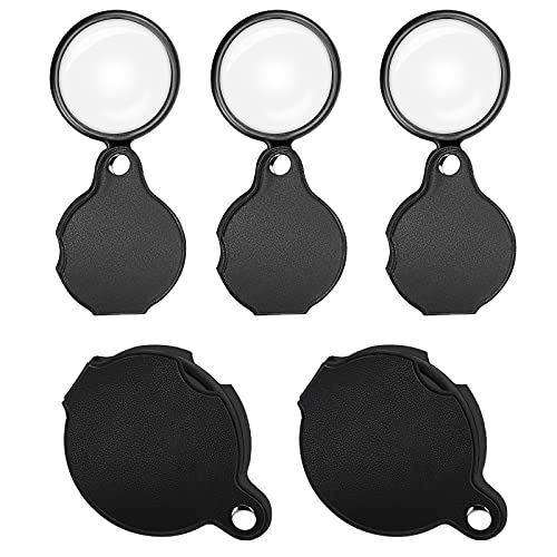 Dreamtop 5 Pack 10X Pocket Magnifier Mini Magnifying Glass 50mm Folding Magnifying Glass Loupe with Rotating Protective Holster for Reading Maps, Lables, Crafts