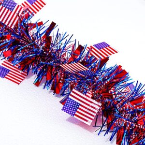 Whaline 4Pcs 26Ft 4th of July Tinsel Garland Patriotic Red Blue Tinsel Twist with American Flag Metallic Tinsel Hanging Ornament for Independence Day Memorial Day Home Party Decoration