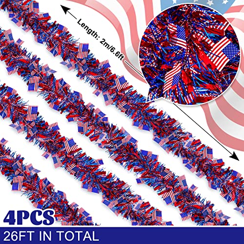 Whaline 4Pcs 26Ft 4th of July Tinsel Garland Patriotic Red Blue Tinsel Twist with American Flag Metallic Tinsel Hanging Ornament for Independence Day Memorial Day Home Party Decoration