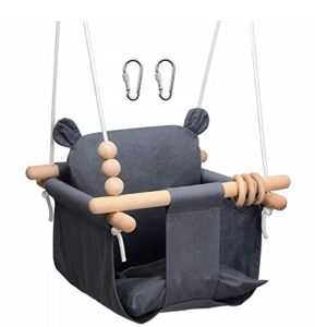 Secure Baby Swing Seat with Safety Belt - Baby Canvas and Wooden Swing Chair with Bear Ears Decor Cushion - Hanging Swing for Infants Swing Indoor Outdoor - Tree Toddler Swing for Backyard, Porch