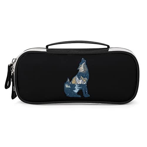 Wolf Double Exposure Printed Pencil Case Bag Stationery Pouch with Handle Portable Makeup Bag Desk Organizer