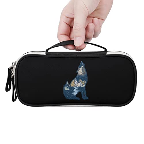 Wolf Double Exposure Printed Pencil Case Bag Stationery Pouch with Handle Portable Makeup Bag Desk Organizer