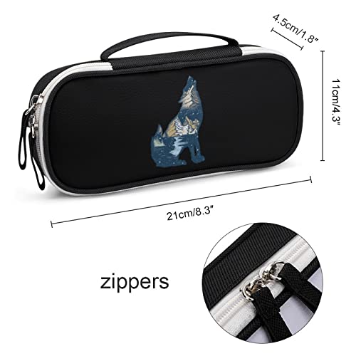 Wolf Double Exposure Printed Pencil Case Bag Stationery Pouch with Handle Portable Makeup Bag Desk Organizer