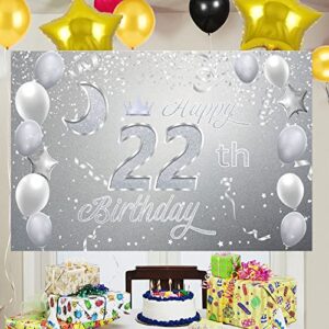 Sweet Happy 22th Birthday Backdrop Banner Poster 22 Birthday Party Decorations 22th Birthday Party Supplies 22th Photo Background for Girls,Boys,Women,Men - Silver 72.8 x 43.3 Inch