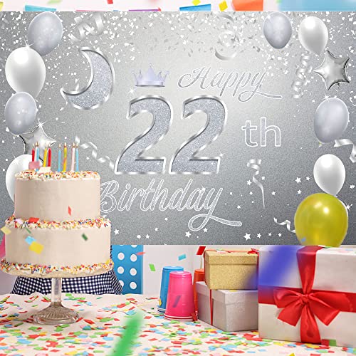 Sweet Happy 22th Birthday Backdrop Banner Poster 22 Birthday Party Decorations 22th Birthday Party Supplies 22th Photo Background for Girls,Boys,Women,Men - Silver 72.8 x 43.3 Inch