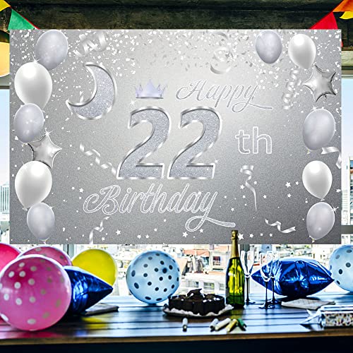 Sweet Happy 22th Birthday Backdrop Banner Poster 22 Birthday Party Decorations 22th Birthday Party Supplies 22th Photo Background for Girls,Boys,Women,Men - Silver 72.8 x 43.3 Inch