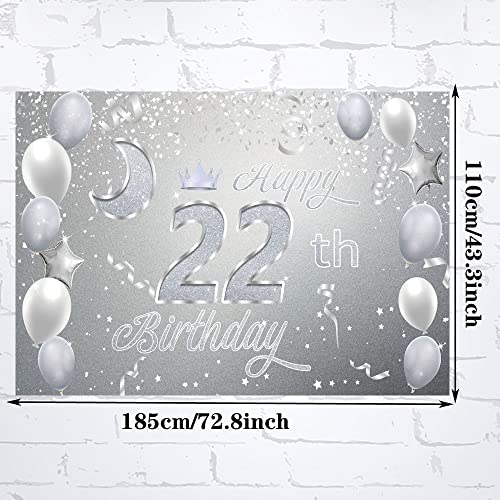Sweet Happy 22th Birthday Backdrop Banner Poster 22 Birthday Party Decorations 22th Birthday Party Supplies 22th Photo Background for Girls,Boys,Women,Men - Silver 72.8 x 43.3 Inch