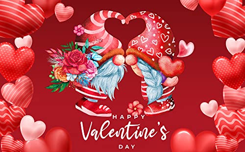 3.7x6Ft Valentines Day Backdrop Banner Romantic Love Heart with Gnomes Happy Valentine's Day Sign Photography Background Photo Booth Props for Proposal Bridal Shower Wedding Party Decorations Supplies