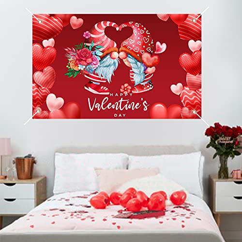 3.7x6Ft Valentines Day Backdrop Banner Romantic Love Heart with Gnomes Happy Valentine's Day Sign Photography Background Photo Booth Props for Proposal Bridal Shower Wedding Party Decorations Supplies