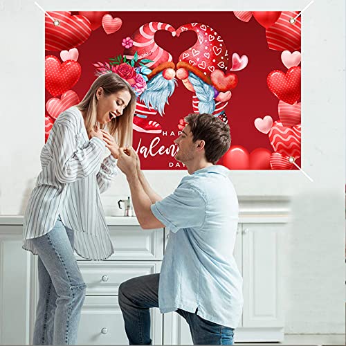 3.7x6Ft Valentines Day Backdrop Banner Romantic Love Heart with Gnomes Happy Valentine's Day Sign Photography Background Photo Booth Props for Proposal Bridal Shower Wedding Party Decorations Supplies