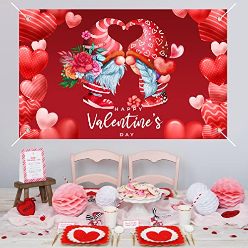 3.7x6Ft Valentines Day Backdrop Banner Romantic Love Heart with Gnomes Happy Valentine's Day Sign Photography Background Photo Booth Props for Proposal Bridal Shower Wedding Party Decorations Supplies