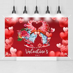 3.7x6Ft Valentines Day Backdrop Banner Romantic Love Heart with Gnomes Happy Valentine's Day Sign Photography Background Photo Booth Props for Proposal Bridal Shower Wedding Party Decorations Supplies