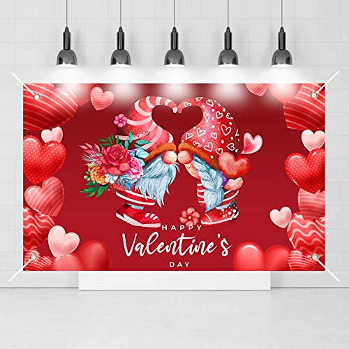 3.7x6Ft Valentines Day Backdrop Banner Romantic Love Heart with Gnomes Happy Valentine's Day Sign Photography Background Photo Booth Props for Proposal Bridal Shower Wedding Party Decorations Supplies