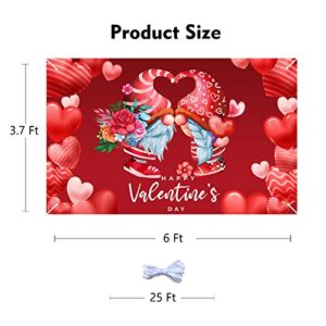 3.7x6Ft Valentines Day Backdrop Banner Romantic Love Heart with Gnomes Happy Valentine's Day Sign Photography Background Photo Booth Props for Proposal Bridal Shower Wedding Party Decorations Supplies